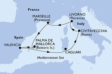 MSC LIRICA<br>Itinerario Crociera:<br>ITALIA, FRANCIA, SPAGNA